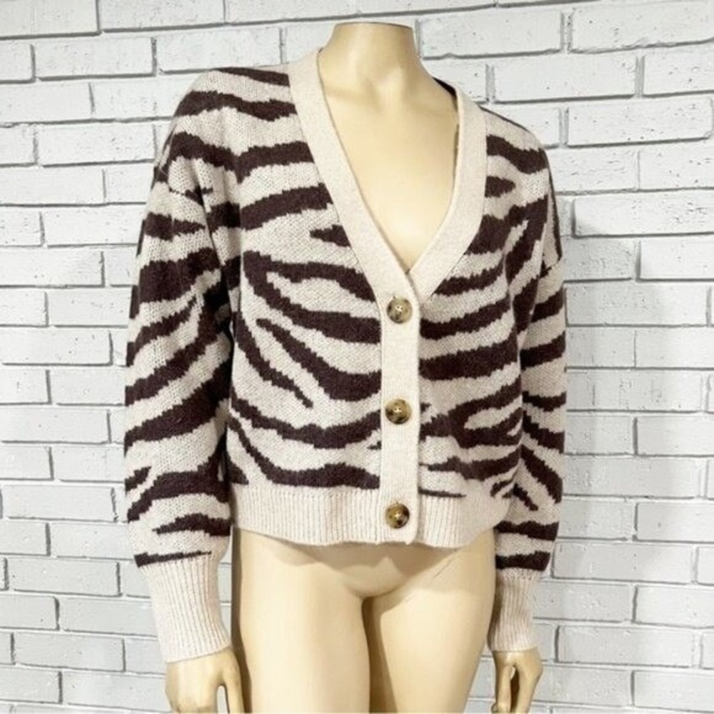 J.Crew Zebra Animal Print V-Neck Button Front Cardigan Brown Cream NWT L - Picture 8 of 12